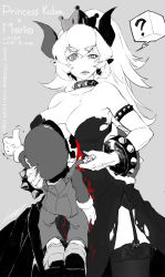 Rule 34 | 1boy, 1girl, ?, adapted costume, artist name, bare shoulders, between breasts, blood, borrowed character, bowsette, bracelet, breasts, calligraphy brush (medium), character name, collar, collarbone, confused, cowboy shot, crown, dated, earrings, english text, fingernails, garter straps, gloves, grey background, greyscale, hand on another&#039;s head, height difference, highres, horns, jewelry, large breasts, lips, loiza, long hair, looking at viewer, mario, mario (series), monochrome, new super mario bros. u deluxe, nintendo, nosebleed, overalls, pointy ears, ponytail, sharp fingernails, sharp teeth, shoes, short hair, signature, simple background, size difference, spiked bracelet, spiked collar, spiked shell, spikes, spoken question mark, spot color, standing, super crown, teeth, thighhighs, thighs, thumbs up, trembling, watermark, web address