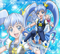 Rule 34 | 10s, 1girl, :d, black thighhighs, blue background, blue eyes, blue hair, blue skirt, brooch, crown, cure princess, frills, full body, hanzou, happinesscharge precure!, heart, heart brooch, light particles, long hair, magical girl, matching hair/eyes, mini crown, necktie, open mouth, precure, shirayuki hime, shoes, sidelocks, skirt, smile, solo, sparkle, thighhighs, twintails, wrist cuffs, zoom layer