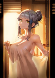 Rule 34 | 1girl, absurdres, backlighting, bad id, bad pixiv id, blunt bangs, blush, breasts, cleavage, closed mouth, commentary request, covering privates, eyebrows hidden by hair, facial mark, girls&#039; frontline, green eyes, hair bun, hair ornament, hair ribbon, hand up, highres, hk416 (girls&#039; frontline), holding, holding towel, ihobus, indoors, large breasts, light particles, long hair, looking at viewer, naked towel, nude cover, ribbon, see-through silhouette, sidelocks, silver hair, single hair bun, smile, solo, standing, sunset, teardrop, towel, very long hair