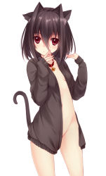 Rule 34 | 1girl, animal ears, bad id, bad pixiv id, bell, blush, bottomless, brown hair, cat ears, cat tail, choker, collar, flat chest, groin, itou nanami, naked shirt, naked sweater, neck bell, open clothes, open shirt, original, red eyes, shirt, short hair, simple background, sleeves past wrists, solo, sweater, tail, white background