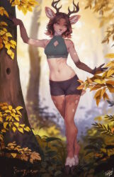 Rule 34 | 1girl, animal ear fluff, animal ears, antlers, autumn leaves, black shorts, breasts, brown eyes, brown hair, cleavage cutout, clothing cutout, completely nude, deer antlers, deer ears, deer girl, deer tail, facing viewer, forest, furry, furry female, green shirt, highres, hooves, horns, midriff, nature, navel, nude, original, personal ami, shirt, short hair, short shorts, shorts, sleeveless, sleeveless shirt, small breasts, smile, solo, tail, tree