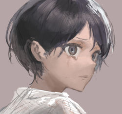 Rule 34 | 1boy, black hair, brown background, closed mouth, commentary request, grey eyes, male focus, original, portrait, shirt, short hair, simple background, solo, tearing up, torino kawazu, white shirt
