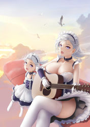 Rule 34 | 2girls, absurdres, acoustic guitar, aged down, apron, azur lane, belfast (azur lane), braid, breasts, broken, broken chain, chain, french braid, frilled apron, frilled gloves, frills, gloves, guitar, highres, holding, holding instrument, instrument, large breasts, little bel (azur lane), looking at viewer, maid, maid apron, maid headdress, multiple girls, music, one side up, pantyhose, playing instrument, plectrum, sheffield (azur lane), shigatsu (4gate), silver hair, singing, sunset, thighhighs, thighs, waist apron, white apron, white legwear