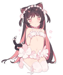 Rule 34 | 1girl, animal ears, bikini, blade (galaxist), blunt bangs, brown hair, cat choker, cat ears, cat girl, character request, cherry blossom print, closed mouth, colored inner hair, flat chest, floral print, flower, flower-shaped pupils, flower panties, frilled bikini, frills, gloves, hair flower, hair ornament, hands on own chest, highres, kneeling, long hair, looking at viewer, multicolored hair, multiple tails, navel, nekoyama nae, pink eyes, pink thighhighs, short eyebrows, solo, straight hair, swimsuit, symbol-shaped pupils, tail, tail flower, tail ornament, tareme, thighhighs, toranoana, two-tone hair, two side up, two tails, very long hair, virtual youtuber, white background, white gloves