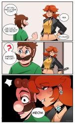 Rule 34 | 1boy, 1girl, ?, absurdres, alternate costume, bellybutton piercing, blue eyes, blush, breasts, brown hair, earrings, english text, facial hair, freckles, highres, jacket, jewelry, large breasts, leather, leather jacket, luigi, mario (series), meme, mustache, necklace, nintendo, orange hair, piercing, princess daisy, short hair, size difference, speech bubble, super mario bros. 1, super mario land, thegreyzen, where&#039;s the cat? (meme), whispering