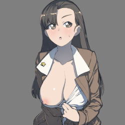 Rule 34 | 10s, 1girl, :o, asymmetrical bangs, black hair, blouse, blush, breasts, breasts out, brown eyes, brown jacket, chi-hatan military uniform, cleavage, clothes pull, collar tug, collarbone, embarrassed, flashing, girls und panzer, grey background, highres, jacket, large breasts, long hair, long sleeves, looking at viewer, looking away, military, military uniform, nipples, nishi kinuyo, no bra, one breast out, onsen tamago (hs egg), open clothes, open jacket, open mouth, oppai challenge, pulling own clothes, shirt, shirt pull, simple background, solo, sweatdrop, uniform, upper body, white shirt