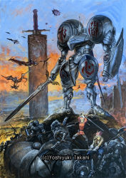 Rule 34 | 1girl, 6+boys, aircraft, airship, armor, artist name, castle, clenched hand, dragon, fantasy, flying, holding, holding sword, holding weapon, knight, looking at viewer, mecha, multiple boys, official art, pink hair, robot, sword, takani yoshiyuki, weapon, yoroi shin senki millenium sword