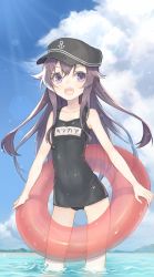 Rule 34 | 10s, 1girl, akatsuki (kancolle), alternate costume, anchor symbol, cameltoe, cloud, collarbone, covered navel, cowboy shot, day, flat cap, flat chest, gi (melmail), hat, highres, innertube, kantai collection, lens flare, long hair, looking at viewer, name tag, ocean, open mouth, outdoors, purple eyes, purple hair, school swimsuit, sky, solo, swim ring, swimsuit, wading, water