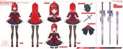Rule 34 | 1girl, absurdres, alternate costume, black bow, bow, character sheet, collarbone, dress, highres, hololive, hololive indonesia, kureiji ollie, kuronekozero, long hair, off-shoulder dress, off shoulder, olivia (kureiji ollie), open hands, red dress, red eyes, red footwear, red hair, sword, sword hair ornament, thighhighs, very long hair, virtual youtuber, weapon