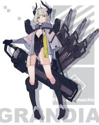 Rule 34 | 1girl, absurdres, armor, artist name, text background, black footwear, black gloves, black horns, black leotard, blunt bangs, bob cut, boots, breasts, carrying, closed mouth, coat, english text, full body, gloves, grandia lee, greaves, grey coat, hand on weapon, highres, horns, huge weapon, knee boots, leotard, light frown, long sleeves, looking at viewer, mecha musume, mechanical horns, mechanical wings, medium breasts, original, revision, see-through, shadow, short hair, silver hair, solo, standing, weapon, wings, yellow eyes