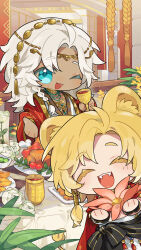 Rule 34 | 2boys, :d, ;d, ^ ^, absurdres, alcohol, animal ears, aqua eyes, bead necklace, beads, beckoning, black sash, blonde hair, braid, cape, chalice, chibi, chibi only, chicken (food), circlet, closed eyes, coat, cup, dagai shi ran wang, dark-skinned male, dark skin, dual persona, fangs, flower, food, hair tubes, highres, holding, holding cup, holding flower, indoors, jewelry, lars rorschach, lion boy, lion ears, lion tail, long hair, long sleeves, looking at viewer, lovebrush chronicles, male focus, multiple boys, necklace, official art, one eye closed, open mouth, parted bangs, pink flower, plant, plate, red cape, red coat, robe, rose, sash, short hair, side braid, smile, table, tablecloth, tail, upper body, white flower, white hair, white robe, white rose, wine, yellow flower