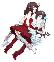 Rule 34 | 2girls, bent over, blue eyes, boots, brown hair, cross-laced footwear, dress, hayami ritsu, high heel boots, high heels, kneeling, lace-up boots, looking at viewer, melanie malachite, miltiades malachite, multiple girls, panties, red dress, rwby, shoe soles, siblings, sisters, thigh boots, thighhighs, twins, underwear, upskirt, white dress