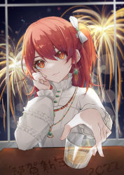 Rule 34 | 1girl, 2022, :3, alternate costume, alternate hair length, alternate hairstyle, arknights, bow, closed mouth, cup, drink, drinking glass, exusiai (arknights), fireworks, frilled shirt, frills, hair bow, highres, holding, holding cup, indoors, jewelry, long sleeves, looking at viewer, necklace, nekonomi, night, one side up, orange eyes, red hair, shirt, smile, solo, table, translation request, upper body, white bow, white shirt, window, wooden table