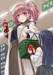 Rule 34 | 2girls, akatsuki (kancolle), atlanta (kancolle), black hair, black sweater, bottle, brand name imitation, breasts, brown hair, coat, coca-cola, commentary request, earrings, food, from behind, grey coat, grey eyes, grey skirt, jewelry, kantai collection, large breasts, long hair, mayura (lucadia), multiple girls, official alternate costume, pocky, school uniform, serafuku, skirt, solo focus, star (symbol), star earrings, sweater, two side up