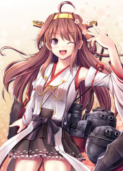 Rule 34 | 10s, 1girl, ;d, akashio (loli ace), brown hair, cannon, detached sleeves, female focus, frilled skirt, frills, hair ornament, kantai collection, kiko, kongou (kancolle), long hair, long sleeves, looking at viewer, no panties, one eye closed, open mouth, purple eyes, ribbon-trimmed sleeves, ribbon trim, sash, shirt, skirt, smile, solo, star (symbol), wide sleeves, wink