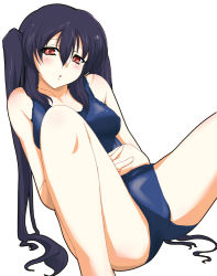 Rule 34 | aged up, bad id, bad pixiv id, black hair, blush, brown eyes, interlocked fingers, k-on!, long hair, nakano azusa, one-piece swimsuit, own hands clasped, own hands together, school swimsuit, simple background, solo, spread legs, swimsuit, tsukishiro kou, twintails
