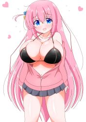 Rule 34 | 1girl, alternate breast size, arms at sides, bare shoulders, bikini, bikini top only, black bikini, blue eyes, blush, bocchi the rock!, breasts, collarbone, dot nose, eyebrows, fang, feet out of frame, female focus, flying sweatdrops, gotoh hitori, grey skirt, heart, highres, huge breasts, imai kazunari, jacket, long hair, long sleeves, looking at viewer, navel, nose blush, open clothes, open jacket, open mouth, pink jacket, skin fang, skirt, solo, standing, swimsuit, track jacket, very long hair, zipper, zipper bikini