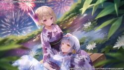 Rule 34 | 2girls, aerial fireworks, assault lily, blonde hair, blue flower, blurry, blurry foreground, blush, braid, closed mouth, commentary request, dutch angle, eye contact, fireworks, floral print, flower, grey hair, hair flower, hair ornament, hand on another&#039;s head, hand on own stomach, hand up, japanese clothes, kimono, knees up, kon kanaho, lap pillow, light blush, lily pad, long hair, long sleeves, looking at another, looking down, looking up, lying, miyagawa takane, multiple girls, night, obi, official alternate costume, official alternate hairstyle, official art, on back, outdoors, parted lips, pink flower, pond, print kimono, purple eyes, purple kimono, sash, short hair, side braid, sitting, smile, water, water lily flower, watermark, weri, white flower, white kimono, yellow eyes, yellow flower, yukata