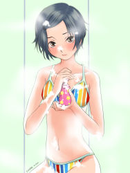 Rule 34 | 1girl, bathing, bikini, black hair, blush, bottle, breasts, brown eyes, cowboy shot, dated, foam, holding, kobayakawa rinko, light smile, looking at viewer, lotion, love plus, multicolored bikini, multicolored clothes, multicolored stripes, navel, rainbow order, s. hikaru, scrunchie, short hair, signature, skinny, small breasts, smile, soap, soap bubbles, solo, star (symbol), star print, steam, striped bikini, striped clothes, swept bangs, swimsuit, vertical-striped bikini, vertical-striped clothes
