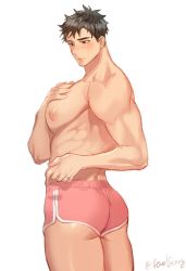 Rule 34 | 1boy, ass, back, bara, black hair, blush, closed mouth, dolphin shorts, hand on own chest, highres, jewelry, large pectorals, male focus, muscular, muscular male, nipples, original, pectorals, pink shorts, ring, short hair, shorts, simple background, solo, ssong-ga, thick thighs, thighs, topless male, twitter username