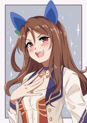 Rule 34 | 1girl, animal ears, blush, bow, breasts, brown hair, choker, cleavage, commentary request, cropped jacket, ear covers, hair bow, hand on own chest, hand on own hip, highres, horse ears, horse girl, king halo (umamusume), long hair, long sleeves, medium breasts, miya star saa, red hair, simple background, smile, solo, starting future (umamusume), umamusume, white background