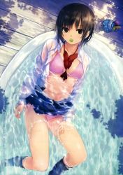 Rule 34 | 1girl, absurdres, aoyama sumika, black socks, bra, breasts, brown hair, coffee-kizoku, collarbone, day, dress shirt, dutch angle, food, from above, fruit, glass, grapes, highres, huge filesize, in water, kneehighs, long sleeves, looking at viewer, medium breasts, mouth hold, navel, open clothes, open shirt, original, outdoors, panties, partially submerged, pink bra, pink panties, school uniform, see-through, shirt, short hair, socks, solo, underwear, water, wooden floor
