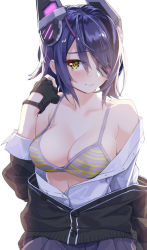 Rule 34 | 10s, 1girl, bad id, bad pixiv id, black gloves, blouse, blush, bra, breasts, cleavage, eyepatch, gloves, headgear, kantai collection, looking at viewer, medium breasts, off shoulder, partially fingerless gloves, purple hair, school uniform, shirt, simple background, skirt, solo, striped bra, striped clothes, tenryuu (kancolle), unbuttoned, underwear, white background, white shirt, yahako, yellow eyes
