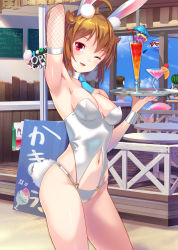Rule 34 | 10s, 1girl, ;), absurdres, ahoge, animal ears, arm behind head, arm up, armpits, bendy straw, blue sky, breasts, brown hair, cafe, cherry, cleavage, clothing cutout, cocktail, cocktail glass, cocktail umbrella, contrapposto, cowboy shot, cup, day, detached collar, drinking glass, drinking straw, fake animal ears, fishnet gloves, fishnets, food, fruit, gloves, highres, ibuki tsubasa, idolmaster, idolmaster million live!, innertube, joey koguma, kooribata, leotard, looking at viewer, menu board, navel, navel cutout, necktie, one-piece swimsuit, one eye closed, open sign, orange (fruit), orange slice, parted lips, pineapple, pineapple slice, playboy bunny, rabbit tail, red eyes, sand, seashell, shell, short hair, short necktie, sky, smile, solo focus, standing, sunlight, swim ring, swimsuit, table, tail, tray, waitress, watermelon, white one-piece swimsuit, wooden floor, wrist cuffs