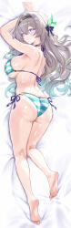 1girl alternate_costume arms_up ass bed_sheet bikini black_hairband blue_pupils breasts firefly_(honkai:_star_rail) full_body grey_hair hairband halterneck highres honkai:_star_rail honkai_(series) large_breasts long_hair lying on_stomach purple_eyes side-tie_bikini_bottom solo striped_bikini striped_clothes swimsuit zea_(zeamilky)