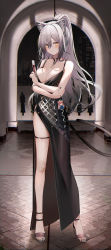 Rule 34 | 1girl, :/, absurdres, alternate costume, animal ear fluff, animal ears, arknights, bare shoulders, black choker, black dress, black footwear, black nails, blush, breasts, cat ears, cat tail, ceylon (arknights), charm (object), choker, closed mouth, crossed arms, dress, evening gown, full body, grey hair, hair between eyes, high heels, high ponytail, highres, large breasts, legs, long hair, nail polish, plunging neckline, ru zhai, schwarz (arknights), side slit, solo, spaghetti strap, standing, tail, thigh strap, toenail polish, toenails, yellow eyes