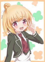 Rule 34 | 1girl, :d, anne happy, blonde hair, blush, commentary, hair bun, hanakoizumi an, highres, looking at viewer, open mouth, patterned background, pink eyes, school uniform, sincos, single hair bun, smile, solo