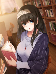 Rule 34 | 1girl, black hair, blue eyes, blue sweater, blush, book, bookshelf, breasts, chair, curtains, hair between eyes, hairband, highres, holding, holding book, idolmaster, idolmaster cinderella girls, indoors, jewelry, large breasts, long hair, looking at viewer, necklace, open book, parted lips, pendant, sagisawa fumika, satosi, shawl, sitting, solo, sweater, window