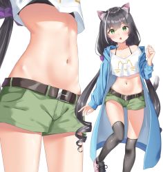 Rule 34 | 1girl, animal ear fluff, animal ears, black hair, blouse, blue jacket, blush, bow, camisole, cat ears, cat girl, cat tail, commentary request, crop top, duplicate, fang, green eyes, green shorts, grey hair, hair between eyes, hair bow, hand up, jacket, k mugura, karyl (princess connect!), long hair, long sleeves, looking at viewer, low twintails, midriff, multicolored hair, multiple views, navel, open clothes, open jacket, open mouth, over-kneehighs, pink footwear, princess connect!, purple bow, shirt, shoes, short shorts, shorts, simple background, sleeves past wrists, standing, standing on one leg, stomach, streaked hair, tail, thighhighs, thighs, twintails, very long hair, white background, white camisole, white shirt