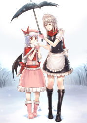 Rule 34 | 2girls, ^ ^, apron, bat wings, blowing, blue hair, boots, braid, capelet, closed eyes, female focus, gloves, hat, height difference, holding, holding umbrella, izayoi sakuya, maid, maid apron, maid headdress, mana (remana), md5 mismatch, multiple girls, red eyes, remilia scarlet, resolution mismatch, silver hair, smile, snow, snowing, source larger, tall, touhou, twin braids, umbrella, waist apron, walking, wings