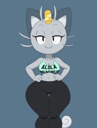 Rule 34 | 1girl, 20s, alolan form, alolan meowth, animal ears, animated, animated gif, aqua tank top, arms at sides, bad id, bad twitter id, black pants, blinking, body fur, bouncing, bouncing breasts, breasts, breasts out, cat ears, cleavage, clothes lift, coin, collarbone, creatures (company), english text, fangs, female focus, flexing, furry, game freak, gen 1 pokemon, gen 7 pokemon, grey fur, half-closed eyes, hands on own hips, highres, humanization, looking at viewer, medium breasts, meowth, midriff, narrowed eyes, navel, nintendo, nipples, no bra, open mouth, pants, pec flex, pokemon, pokemon (creature), shirt, shirt lift, simple background, smile, solo, speech bubble, standing, tail, talking, talking to viewer, tank top, tansau, thick thighs, thighs, tortoisesensei, uncensored, whiskers, wide hips, yoga pants