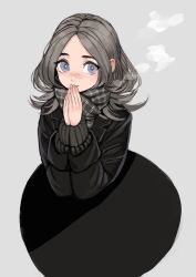 Rule 34 | 1girl, black coat, black skirt, breath, coat, commentary request, enpera, grey background, grey eyes, grey hair, grey scarf, hands up, highres, kaneni, long hair, long sleeves, looking at viewer, original, own hands together, scarf, simple background, skirt, solo