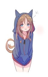 Rule 34 | 1girl, :p, animal ears, blue hoodie, blush, brown hair, chocomoch, closed mouth, cropped legs, grass wonder (umamusume), hands in pockets, highres, hood, hood up, hoodie, horse ears, horse girl, horse tail, long hair, long sleeves, looking at viewer, simple background, solo, tail, tongue, tongue out, umamusume, white background