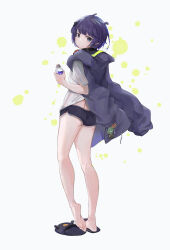 Rule 34 | 1girl, ass, barefoot, blue eyes, blue jacket, blue shorts, closed mouth, commentary, extra ears, feet, from behind, full body, grey background, highres, holding, hololive, hololive english, jacket, jacket on shoulders, legs, looking at viewer, looking back, micro shorts, ninomae ina&#039;nis, ninomae ina&#039;nis (loungewear), pointy ears, purple hair, shirt, short hair, shorts, sidelocks, slippers, soles, solo, standing, standing on one leg, tallgeese (lgeesel), thighs, toes, virtual youtuber, white shirt