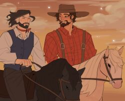 Rule 34 | 2boys, alternate costume, bara, beard, brown eyes, brown hair, cassidy (overwatch), cigar, couple, cowboy hat, facial hair, floating hair, full beard, hanzo (overwatch), happy, hat, highres, horseback riding, kaiwankon, male focus, mature male, multiple boys, overwatch, parted lips, riding, short hair, side-by-side, smile, suspenders, thick eyebrows, vest, yaoi