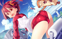Rule 34 | 1girl, animal, ass, bird, cameltoe, cleft of venus, clothes pull, cloud, day, hair ornament, highres, hover bike, isshiki akane, jacket, jewelry, looking at viewer, mikan (bananoha), open mouth, paper, pendant, pulling another&#039;s clothes, red eyes, red hair, riding, short hair, short shorts, shorts, shorts pull, sky, solo, track jacket, trefoil, twintails, uso-kun, vividred operation