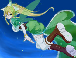Rule 34 | 10s, 1girl, artist request, ass, blonde hair, boots, bracelet, braid, breasts, elf, fairy wings, flying, from behind, green eyes, hair ornament, highres, jewelry, large breasts, leafa, light smile, long hair, looking at viewer, night, open mouth, parted lips, pointy ears, ponytail, puffy sleeves, shorts, sideboob, skirt, sky, smile, sword art online, thighhighs, very long hair, wings