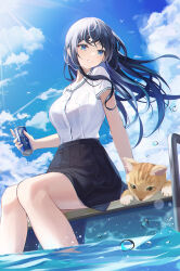 Rule 34 | 1girl, absurdres, black skirt, blue eyes, blue hair, can, cat, drink can, highres, hyonee, long hair, looking at viewer, original, outdoors, shirt, skirt, sky, soda can, solo, white shirt