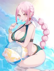 Rule 34 | 1girl, ass, ball, bare legs, beach, bikini, bracelet, braid, braided ponytail, breasts, cleavage, commentary request, crazy otama, curvy, earrings, eating, eyelashes, food, green bikini, highres, huge ass, huge breasts, ice cream, jewelry, long hair, looking at viewer, official alternate costume, one piece, one piece: treasure cruise, pink hair, popsicle, rebecca (one piece), shiny skin, single braid, sitting, solo, swimsuit, very long hair, water, wide hips