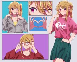 Rule 34 | 1girl, absurdres, bespectacled, blonde hair, blush, close-up, closed mouth, collarbone, commentary, english commentary, glasses, green skirt, grey background, grey jacket, hair between eyes, hand on own chin, heart, heart hands, highres, hoshino ruby, jacket, knew nothing, long hair, looking to the side, mismatched pupils, multiple views, one side up, oshi no ko, pink eyes, pink shirt, pleated skirt, red shirt, shirt, sidelocks, simple background, skirt, star-shaped pupils, star (symbol), symbol-shaped pupils, tongue, tongue out, wavy mouth, yellow shirt