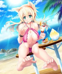 Rule 34 | 00s, 1girl, :p, animal ears, asahi, barefoot, beach, blonde hair, breasts, cat ears, cecilia cello, cleavage, eating, feet, female focus, food, green eyes, highres, ice cream, large breasts, lilith-soft, long hair, looking at viewer, ocean, sky, smile, soles, solo, spill, swimsuit, taimanin (series), taimanin asagi, taimanin asagi kessen arena, toes, tongue, tongue out, water