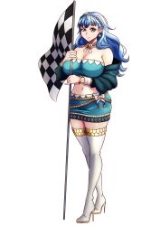 Rule 34 | 1girl, absurdres, adapted costume, alternate hairstyle, bandeau, bare shoulders, blue hair, blue skirt, boots, bracelet, braid, breasts, checkered flag, choker, cleavage, commentary, crossed legs, crown braid, earrings, english commentary, fire emblem, fire emblem: three houses, fire emblem heroes, flag, full body, grey eyes, groin, hair down, high heel boots, high heels, highres, holding, holding flag, jewelry, large breasts, long hair, long sleeves, looking at viewer, marianne von edmund, midriff, miniskirt, navel, nintendo, off shoulder, pencil skirt, race queen, simple background, skirt, skirt set, solo, standing, stomach, strapless, thigh boots, thighhighs, tube top, watson cross, white background, white footwear, will (willanator93), zettai ryouiki