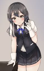 Rule 34 | 1girl, black hair, black skirt, black vest, blue neckwear, brown eyes, commentary request, cowboy shot, dress shirt, gloves, gradient background, grey background, hair ornament, hairclip, highres, kantai collection, looking at viewer, oyashio (kancolle), pleated skirt, school uniform, shirt, short sleeves, skirt, smile, solo, table, vest, wasumi kei, white gloves, white shirt