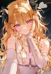 Rule 34 | 1girl, absurdres, animal ears, black background, blonde hair, blush, bow, breasts, choker, collarbone, detached sleeves, hair bow, hand on own face, heart, heart tail, highres, horns, long hair, original, purple eyes, signature, sketch, small breasts, smile, solo, spaghetti strap, tail, ye jji