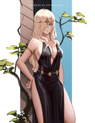 Rule 34 | 1girl, bare shoulders, black dress, blonde hair, breasts, cleavage, closed mouth, collarbone, dress, elden ring, expressionless, feet out of frame, hair ornament, hair over one eye, hand on own hip, highres, jewelry, large breasts, long hair, looking at viewer, notgustiarp, queen marika the eternal, red eyes, sleeveless, sleeveless dress, solo, standing