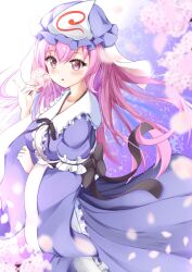 Rule 34 | 1girl, alternate hair length, alternate hairstyle, blue hat, blue kimono, cherry blossoms, commentary, flower, hat, highres, holding, holding flower, japanese clothes, kimono, long hair, long sleeves, looking at viewer, mob cap, open mouth, pink eyes, pink flower, pink hair, saigyouji yuyuko, shirotsuki shirone, solo, touhou, triangular headpiece, wide sleeves